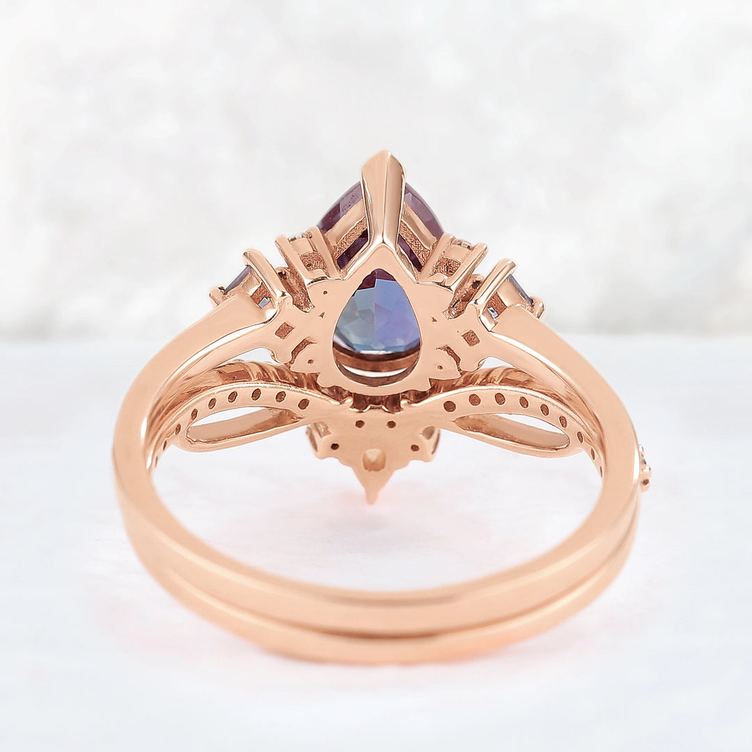 Princess Mononoke Pear Cut Alexandrite Cluster Gemstone Ring Set 2pcs
