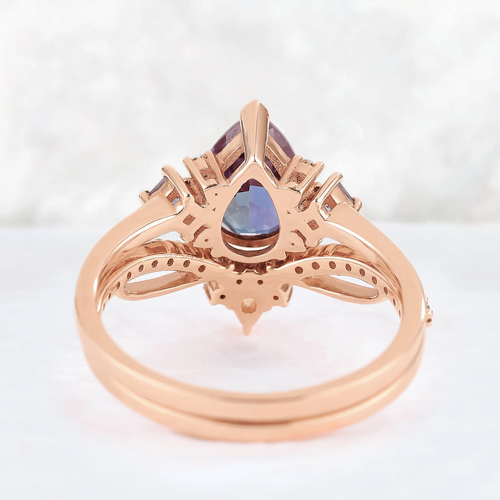 Princess Mononoke Pear Cut Alexandrite Cluster Gemstone Ring Set 2pcs