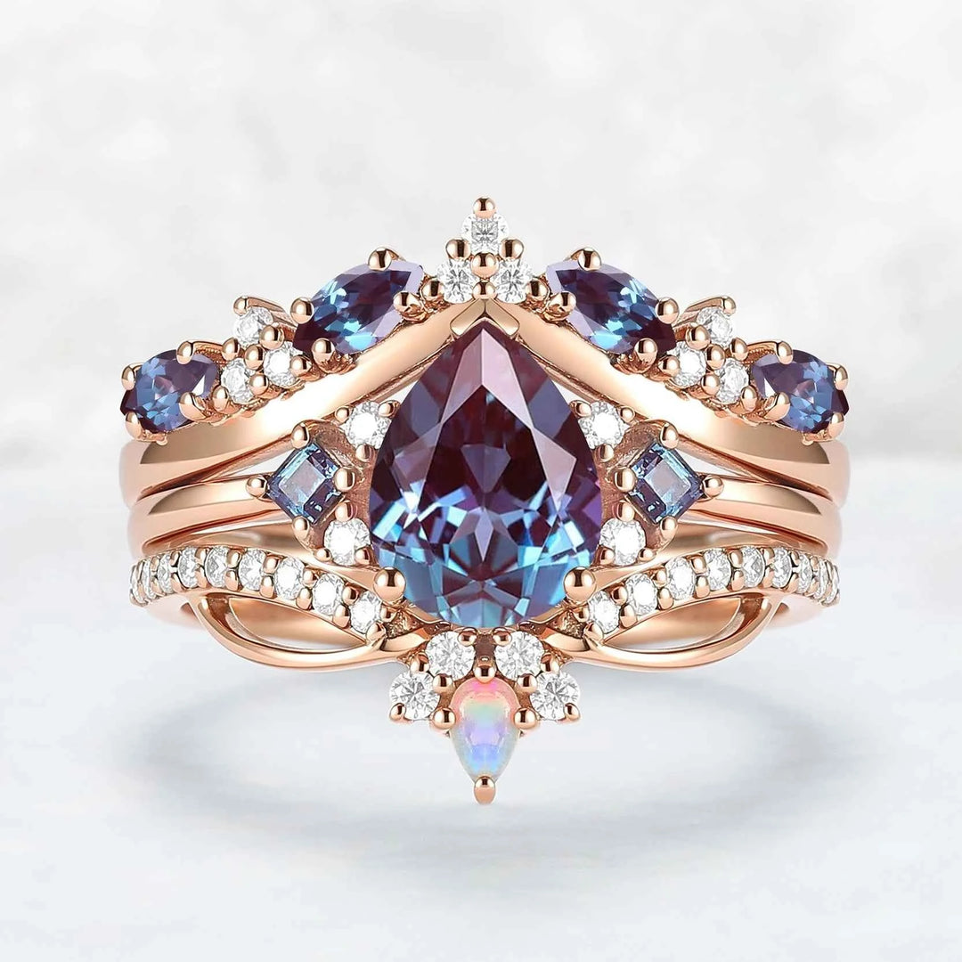 Princess Mononoke Pear Cut Alexandrite Cluster Gemstone Ring Set 3pcs
