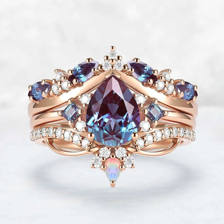 Princess Mononoke Pear Cut Alexandrite Cluster Gemstone Ring Set 3pcs