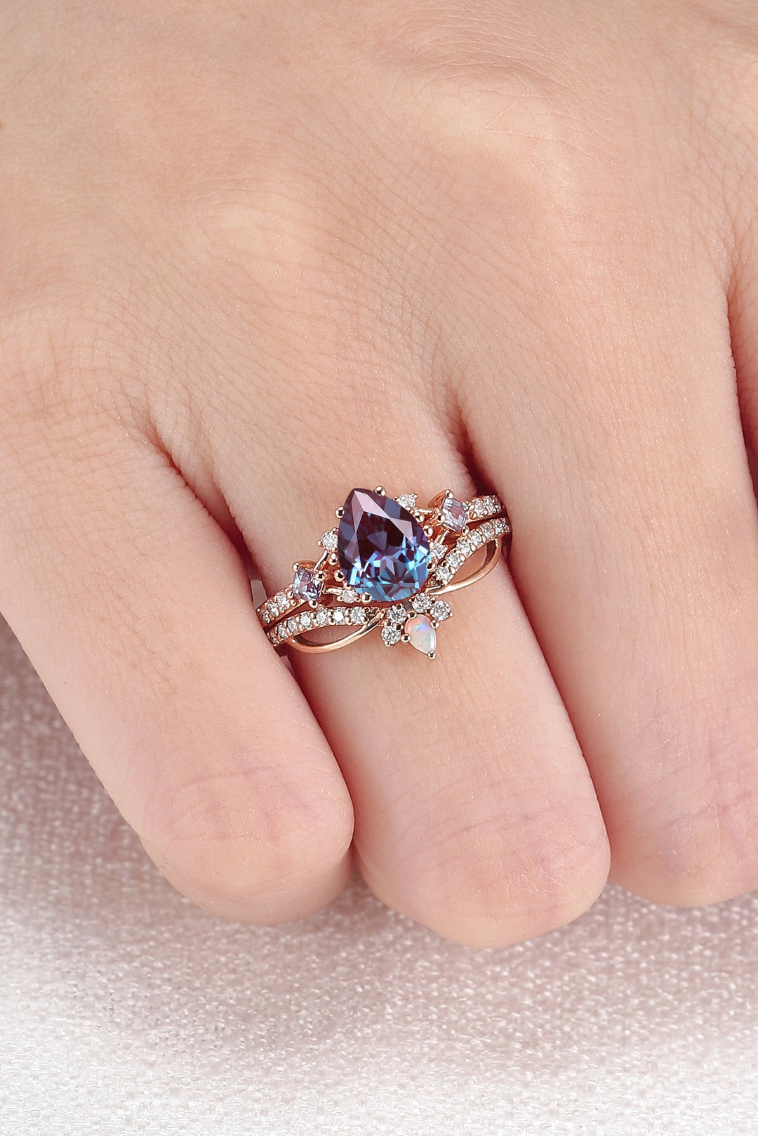 Princess Mononoke Pear Cut Alexandrite Engagement Ring Set 2pcs