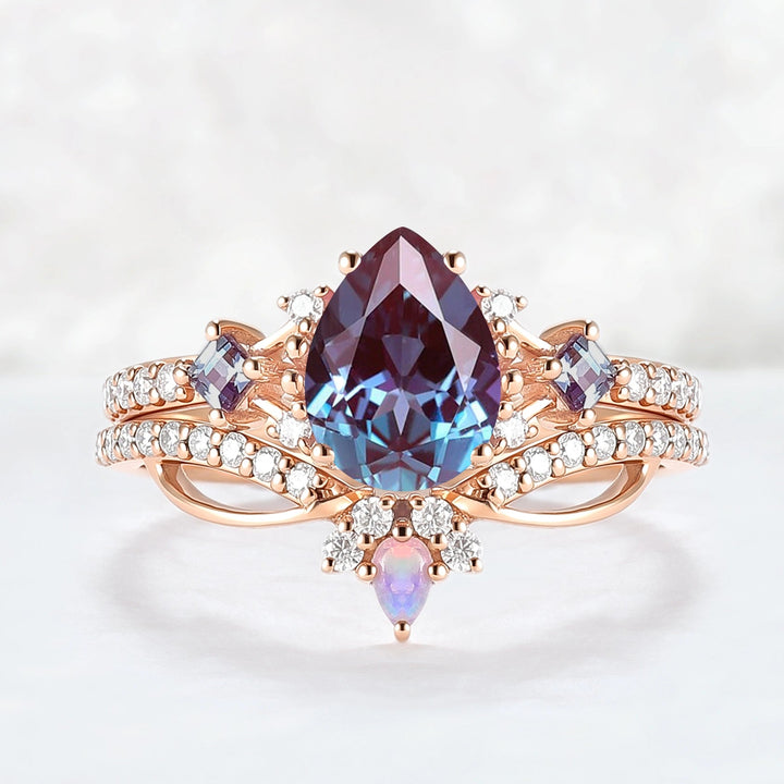Princess Mononoke Pear Cut Alexandrite Engagement Ring Set 2pcs