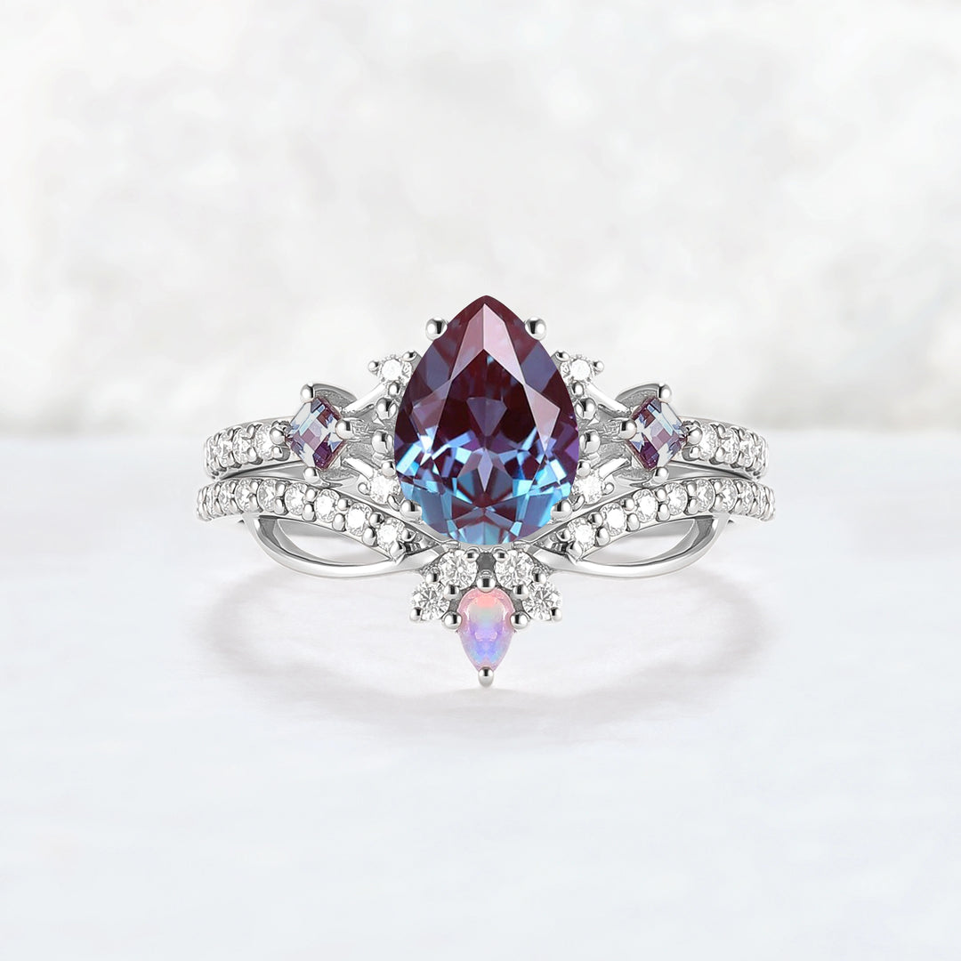 Princess Mononoke Pear Cut Alexandrite Engagement Ring Set 2pcs