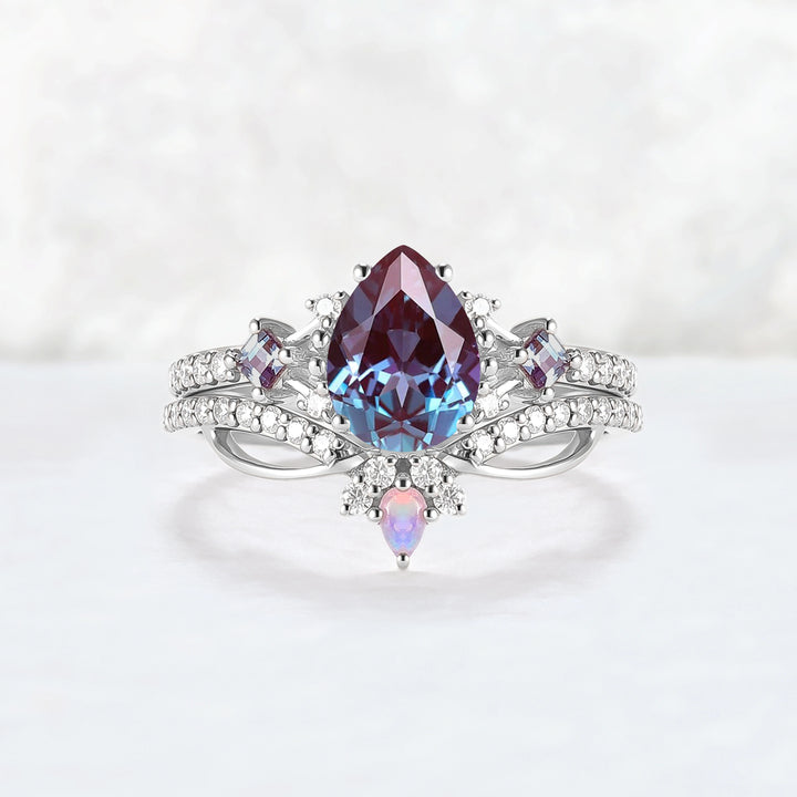 Princess Mononoke Pear Cut Alexandrite Engagement Ring Set 2pcs