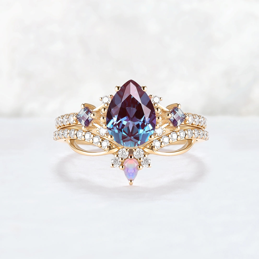Princess Mononoke Pear Cut Alexandrite Engagement Ring Set 2pcs