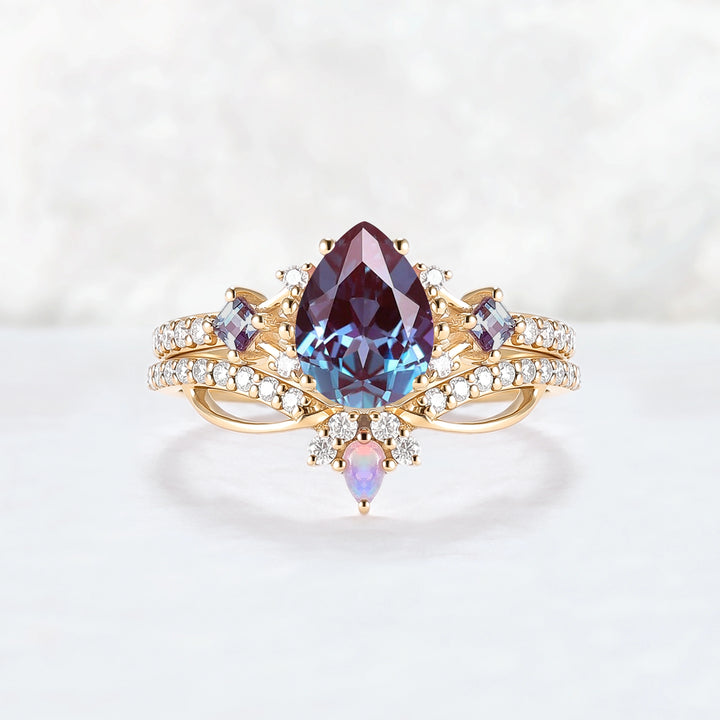 Princess Mononoke Pear Cut Alexandrite Engagement Ring Set 2pcs