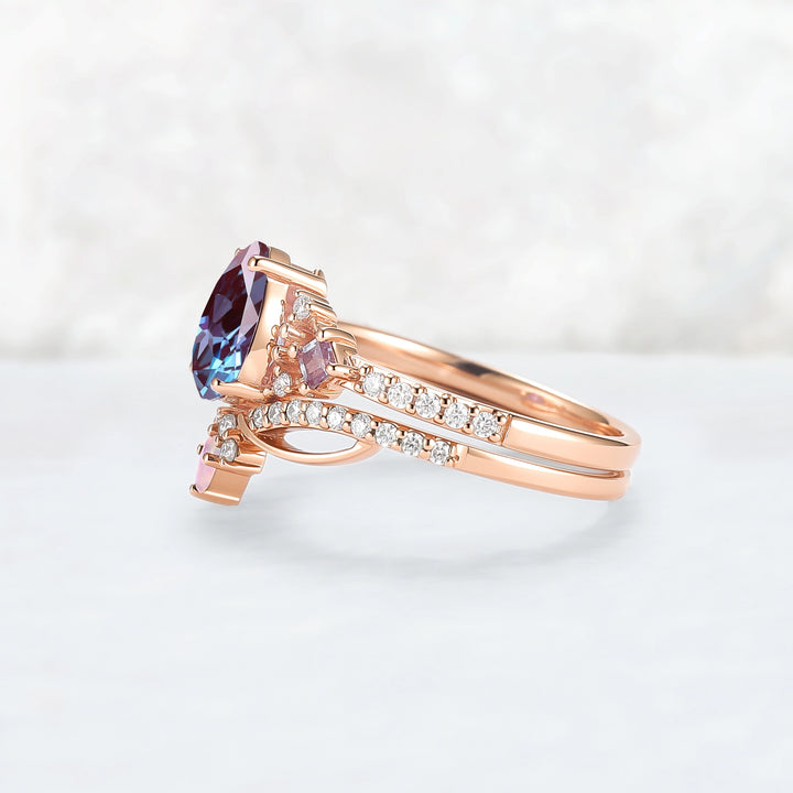 Princess Mononoke Pear Cut Alexandrite Engagement Ring Set 2pcs