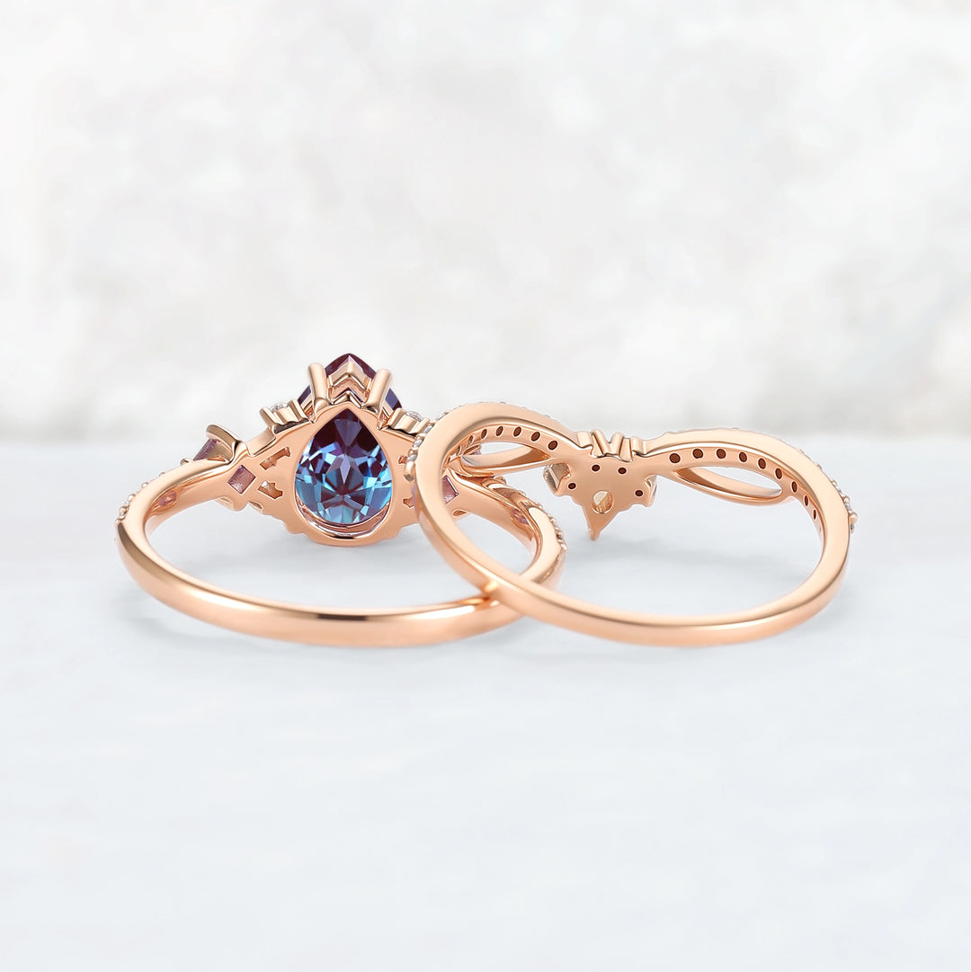 Princess Mononoke Pear Cut Alexandrite Engagement Ring Set 2pcs