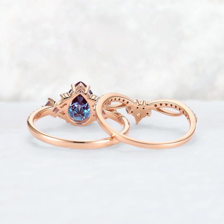 Princess Mononoke Pear Cut Alexandrite Engagement Ring Set 2pcs