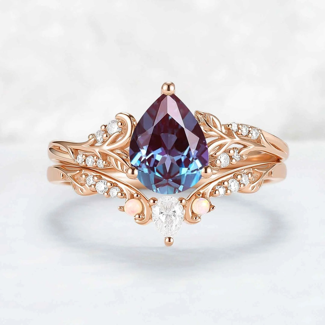 Princess Mononoke Pear Cut Alexandrite Leafy Engagement Ring 2pcs