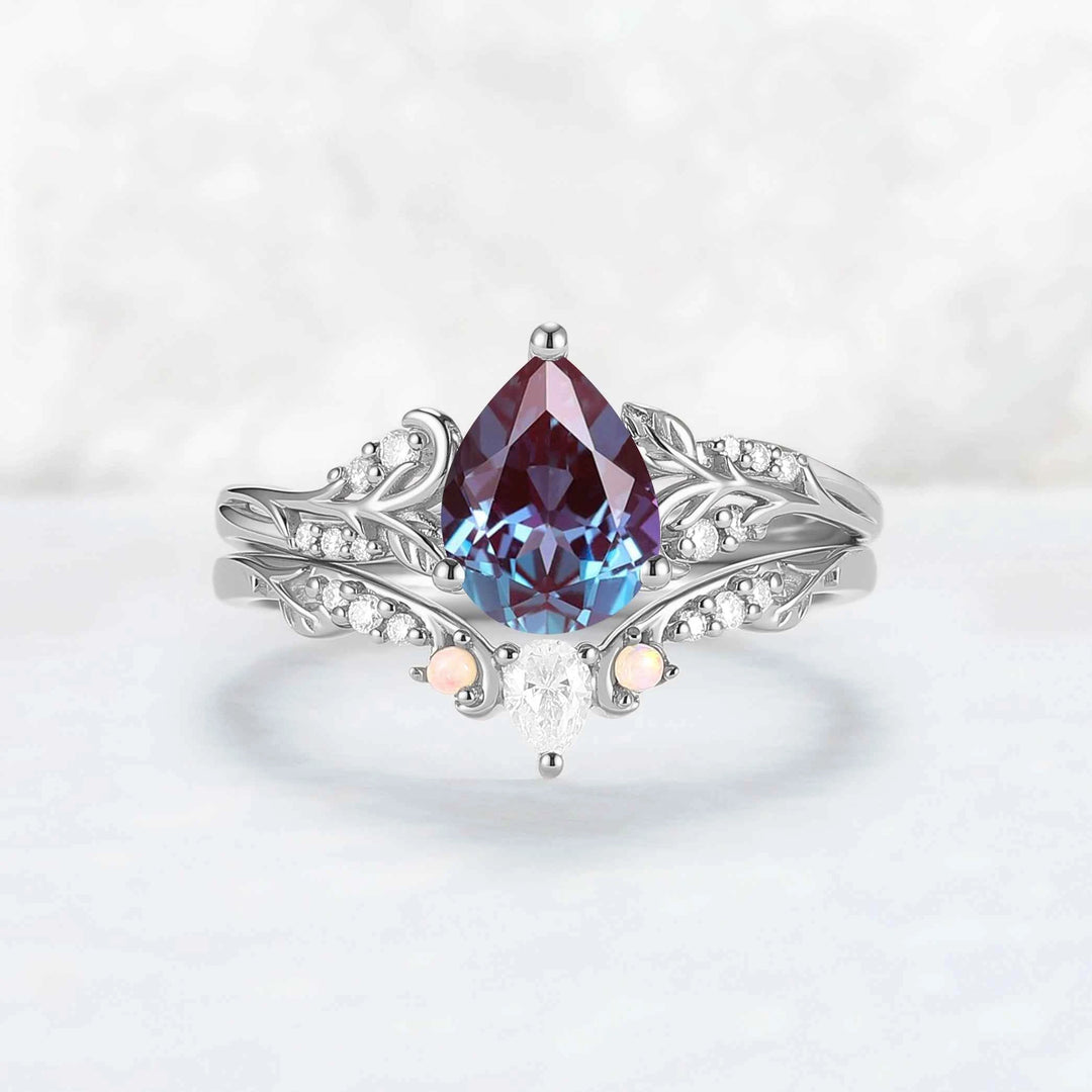 Princess Mononoke Pear Cut Alexandrite Leafy Engagement Ring 2pcs