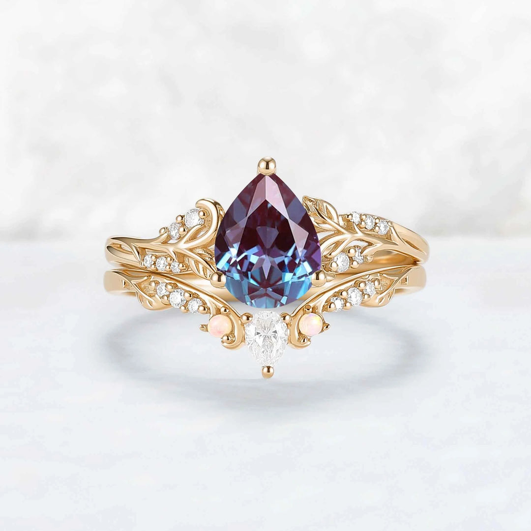 Princess Mononoke Pear Cut Alexandrite Leafy Engagement Ring 2pcs