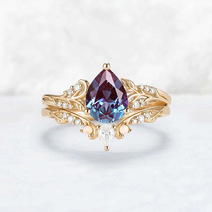 Princess Mononoke Pear Cut Alexandrite Leafy Engagement Ring 2pcs