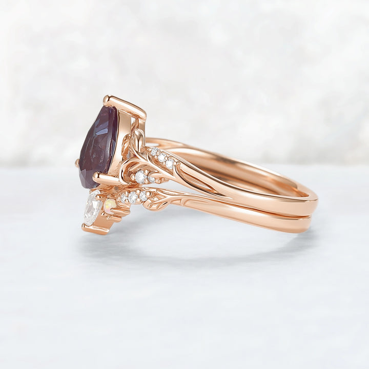 Princess Mononoke Pear Cut Alexandrite Leafy Engagement Ring 2pcs