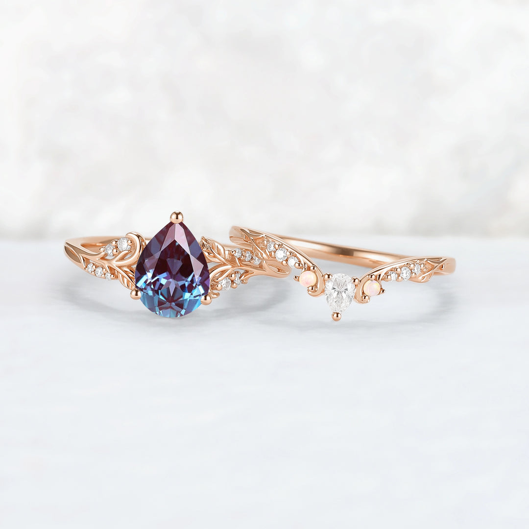 Princess Mononoke Pear Cut Alexandrite Leafy Engagement Ring 2pcs