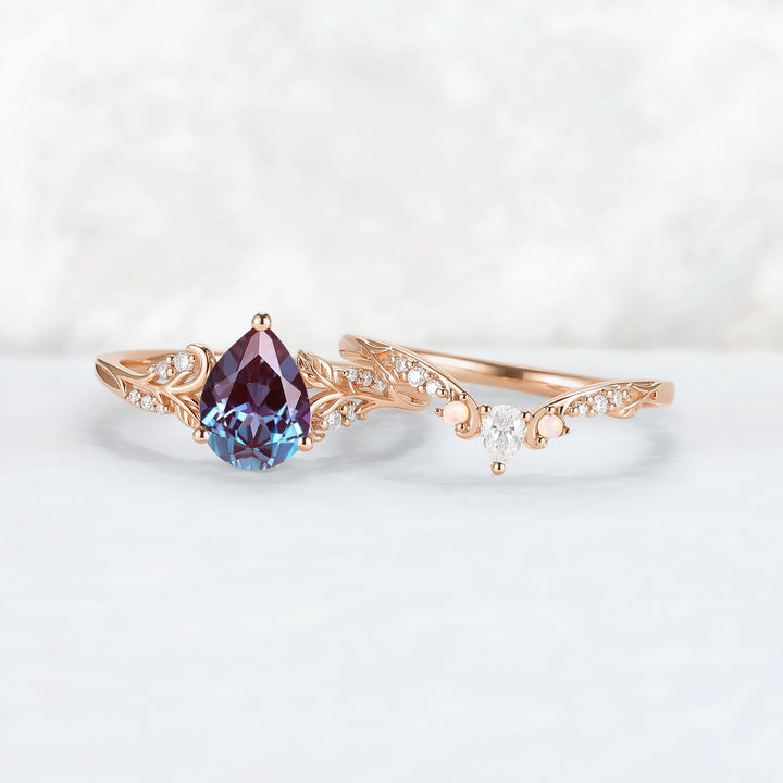Princess Mononoke Pear Cut Alexandrite Leafy Engagement Ring 2pcs