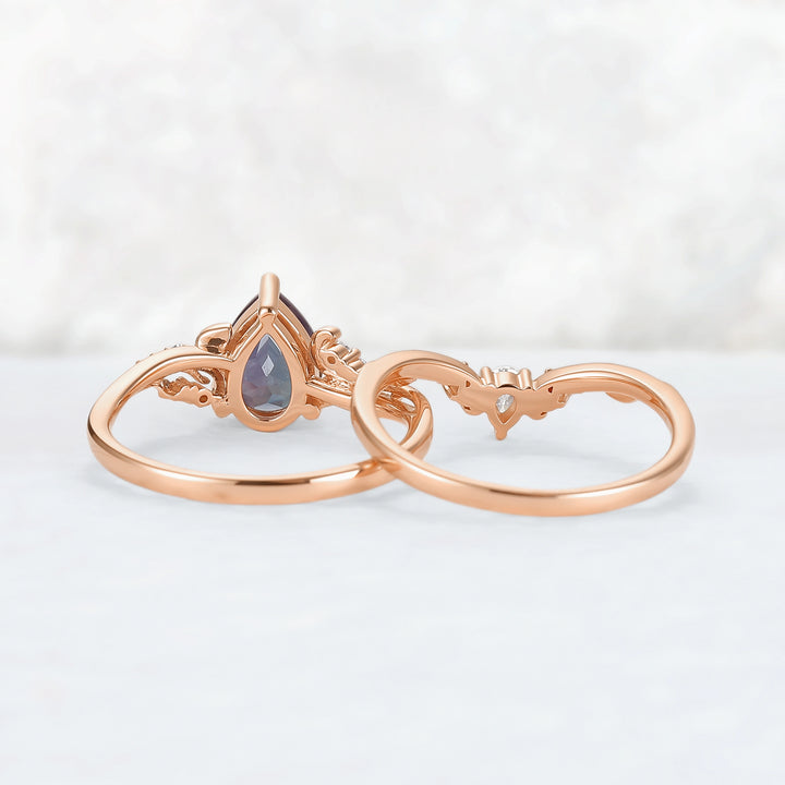Princess Mononoke Pear Cut Alexandrite Leafy Engagement Ring 2pcs