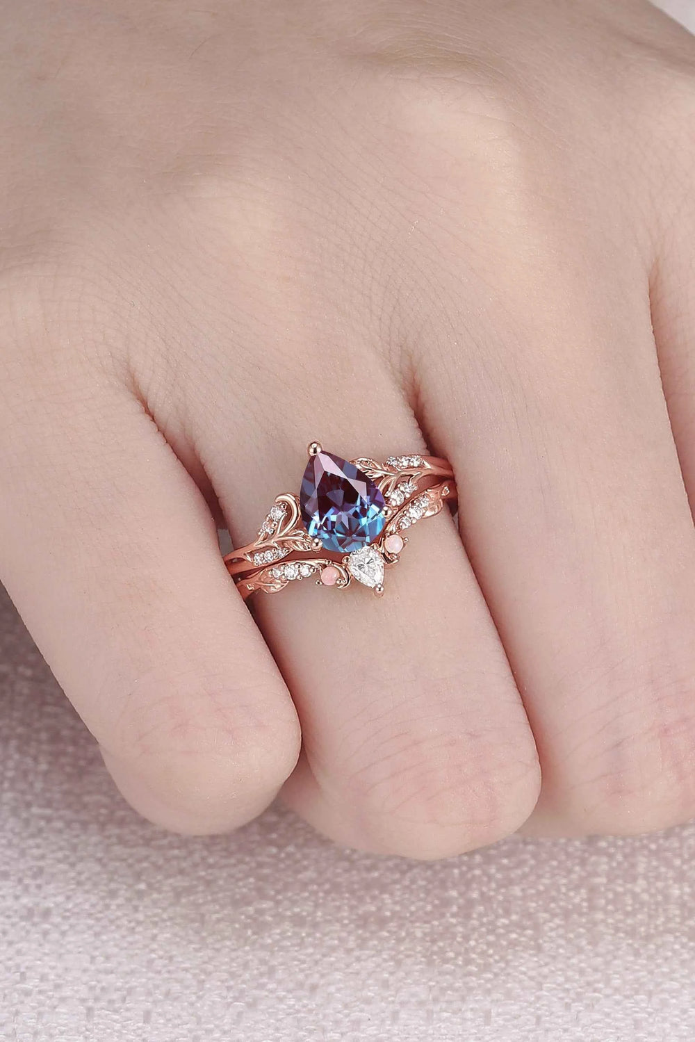 Princess Mononoke Pear Cut Alexandrite Leafy Engagement Ring 2pcs