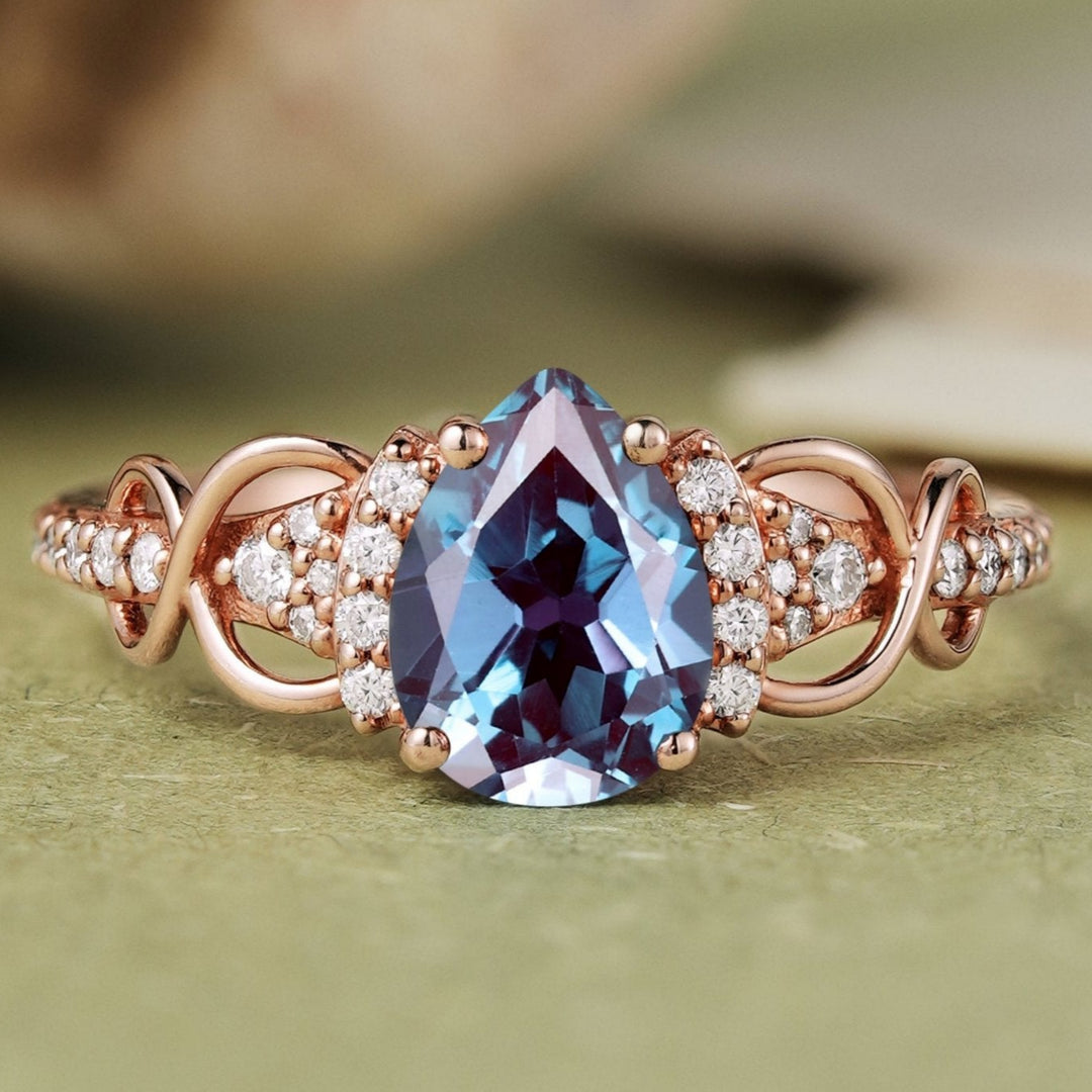 Princess Mononoke Pear Cut Alexandrite Twist Engagement Ring