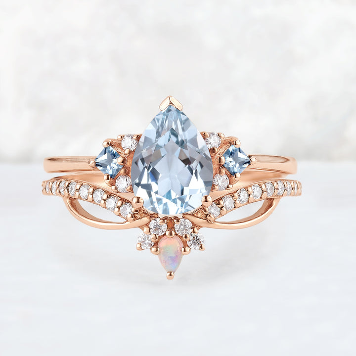 Princess Mononoke Pear Cut Aquamarine Cluster Gemstone Ring Set 2pcs