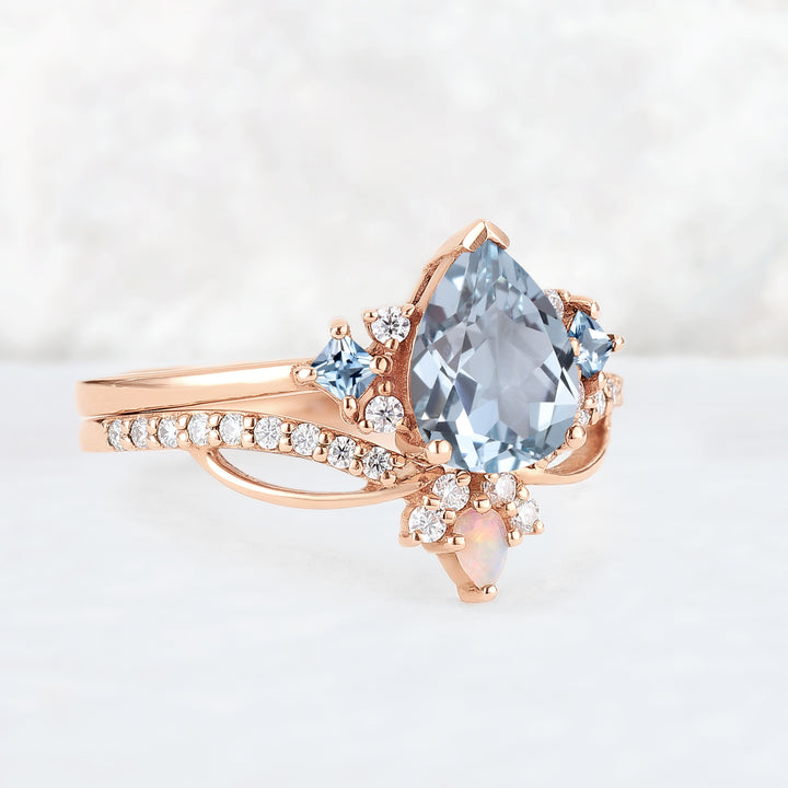 Princess Mononoke Pear Cut Aquamarine Cluster Gemstone Ring Set 2pcs