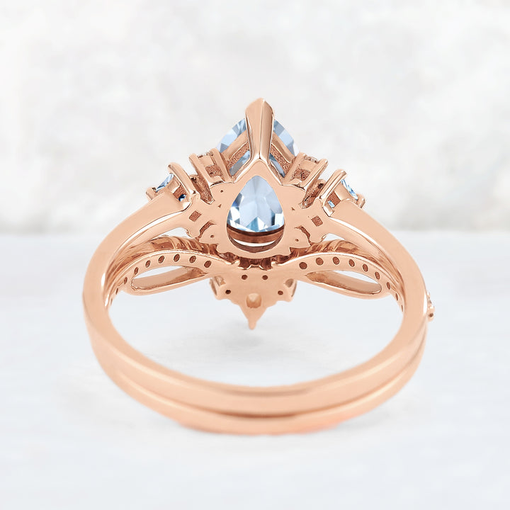Princess Mononoke Pear Cut Aquamarine Cluster Gemstone Ring Set 2pcs