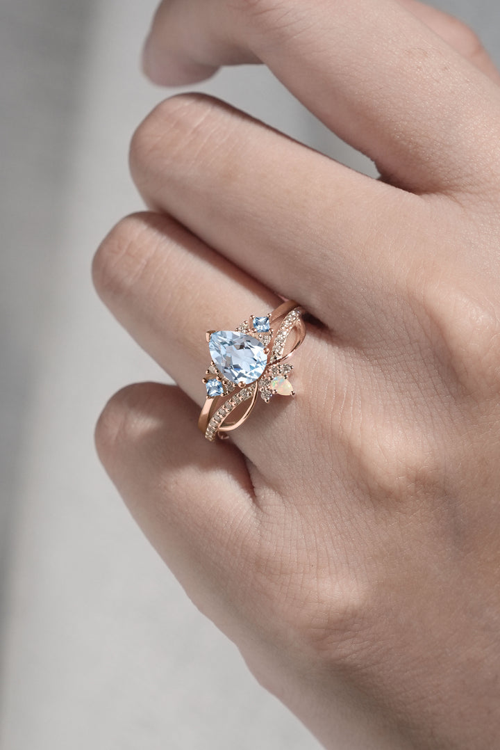 Princess Mononoke Pear Cut Aquamarine Cluster Gemstone Ring Set 2pcs