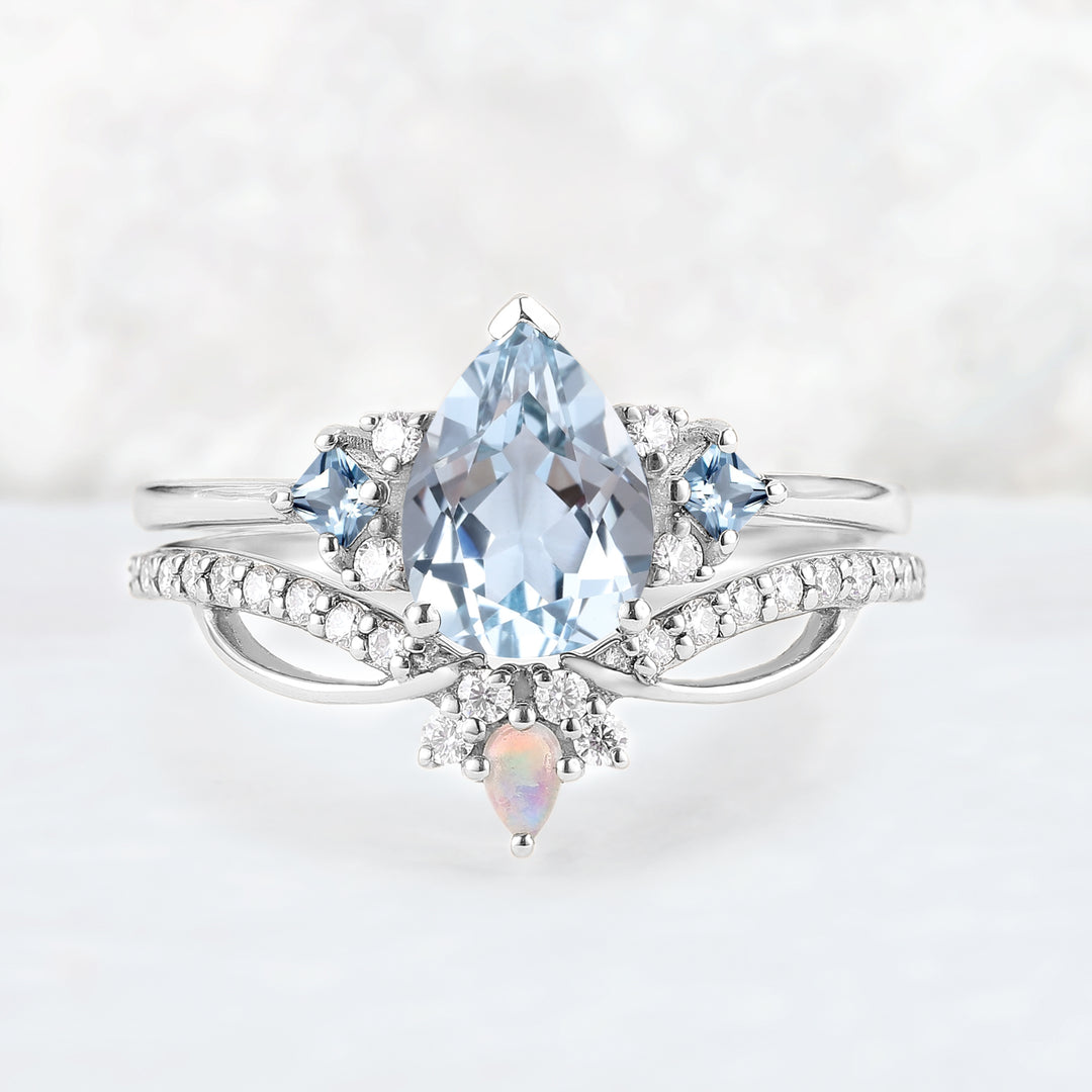 Princess Mononoke Pear Cut Aquamarine Cluster Gemstone Ring Set 2pcs