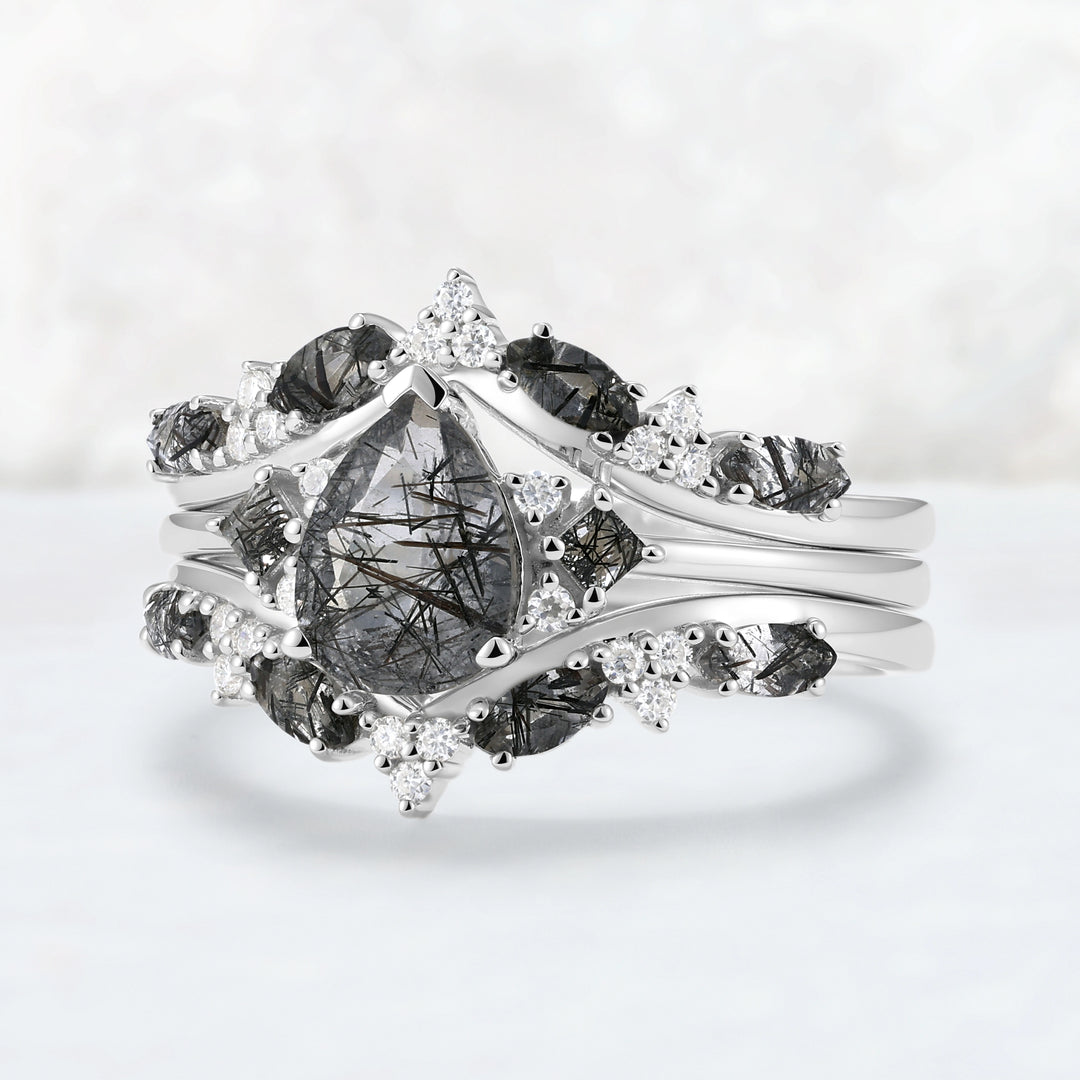 Princess Mononoke Pear Cut Black Rutilated Quartz Cluster Gemstone Ring Set 3pcs