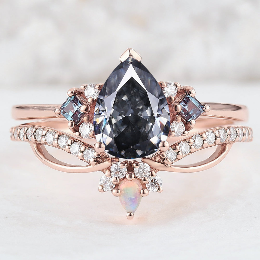 Princess Mononoke Pear Cut Gray Moissanite Cluster Engagement Ring Set 2pcs