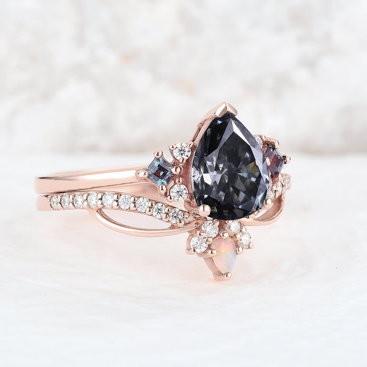 Princess Mononoke Pear Cut Gray Moissanite Cluster Engagement Ring Set 2pcs
