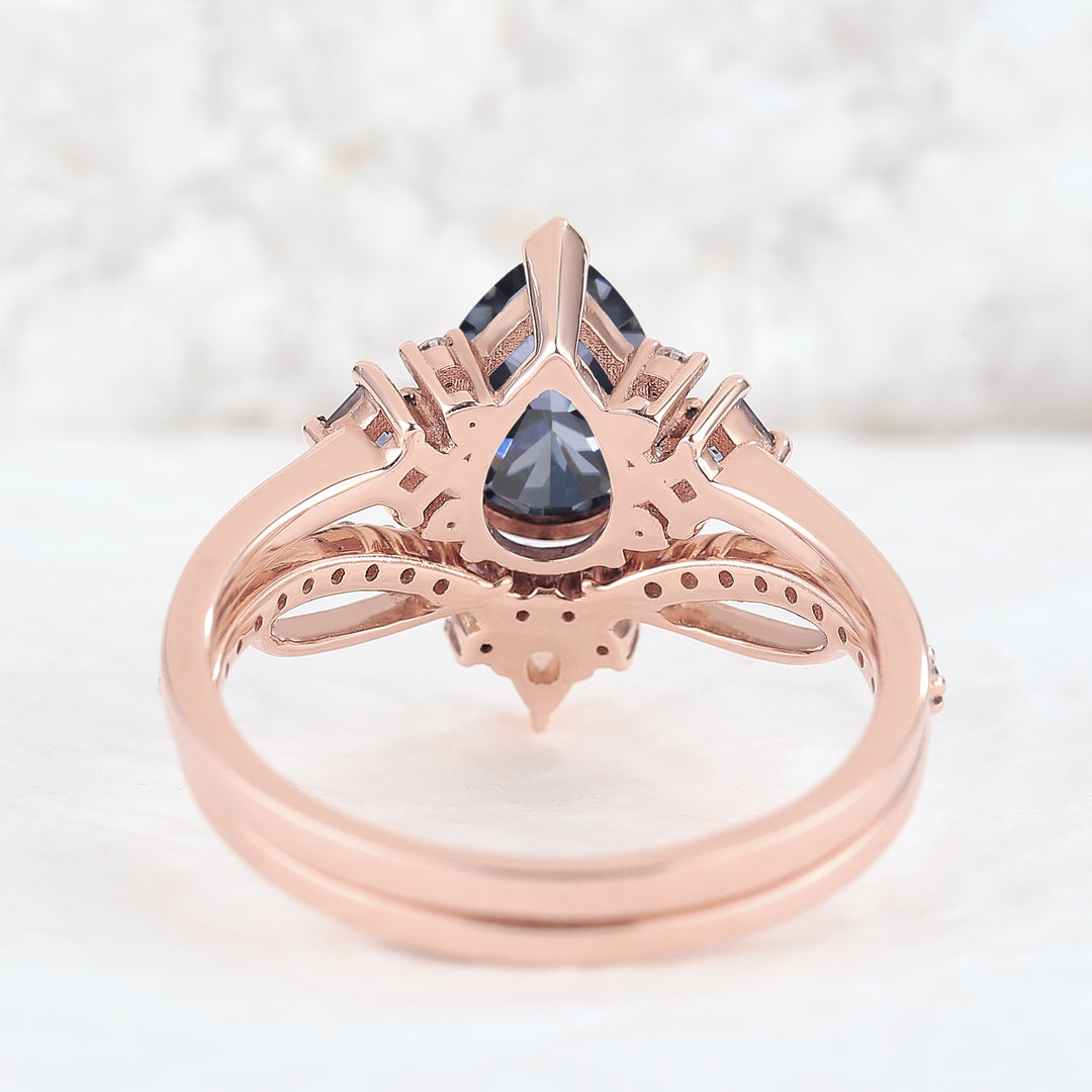 Princess Mononoke Pear Cut Gray Moissanite Cluster Engagement Ring Set 2pcs