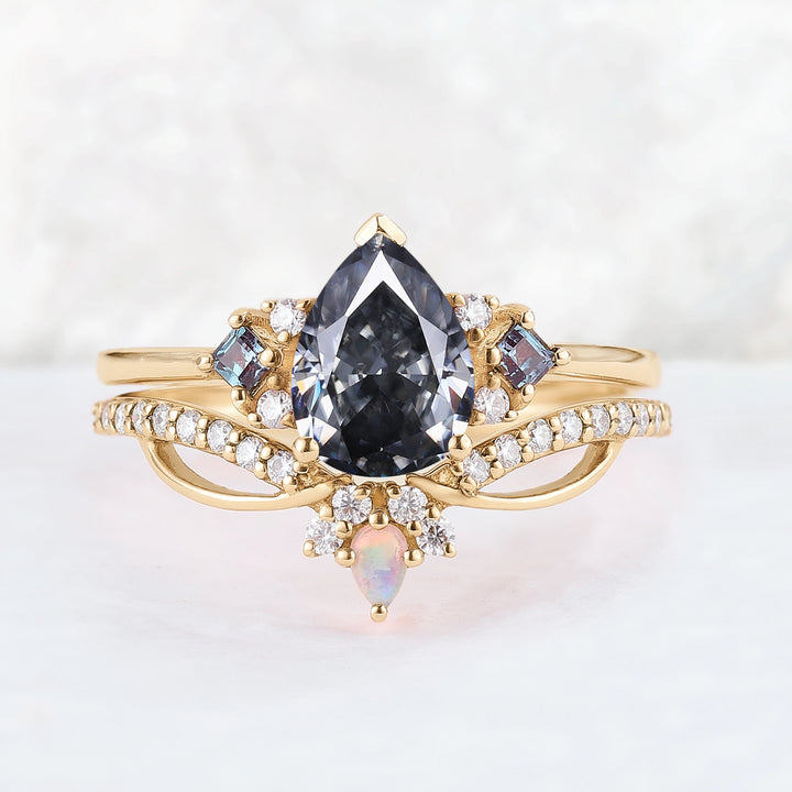 Princess Mononoke Pear Cut Gray Moissanite Cluster Gemstone Ring Set 2pcs