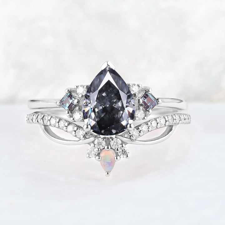 Princess Mononoke Pear Cut Gray Moissanite Cluster Gemstone Ring Set 2pcs
