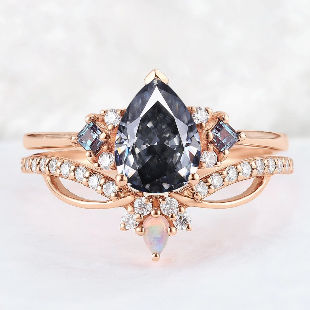 Princess Mononoke Pear Cut Gray Moissanite Cluster Gemstone Ring Set 2pcs