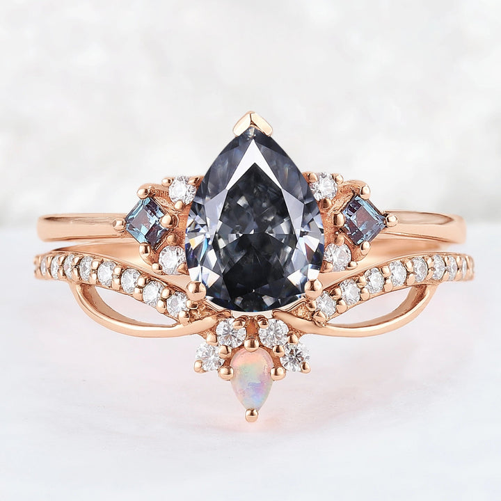 Princess Mononoke Pear Cut Gray Moissanite Cluster Gemstone Ring Set 2pcs