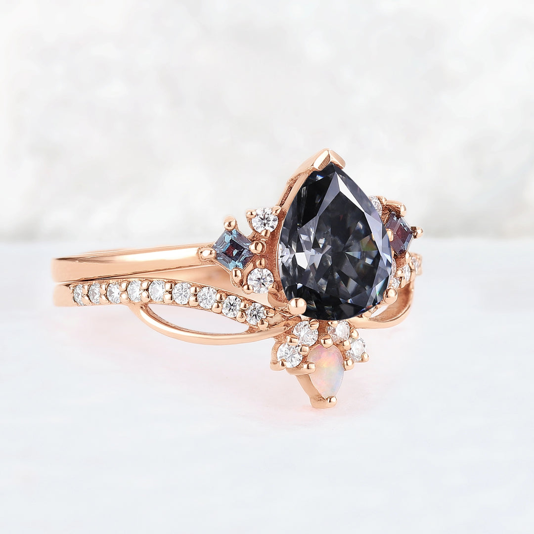 Princess Mononoke Pear Cut Gray Moissanite Cluster Gemstone Ring Set 2pcs