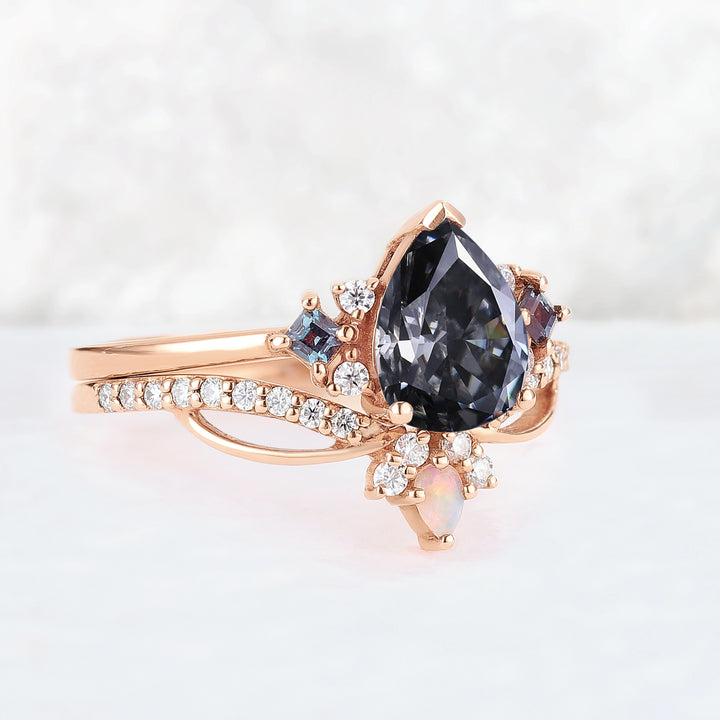 Princess Mononoke Pear Cut Gray Moissanite Cluster Gemstone Ring Set 2pcs