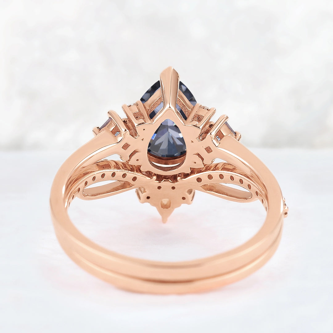 Princess Mononoke Pear Cut Gray Moissanite Cluster Gemstone Ring Set 2pcs