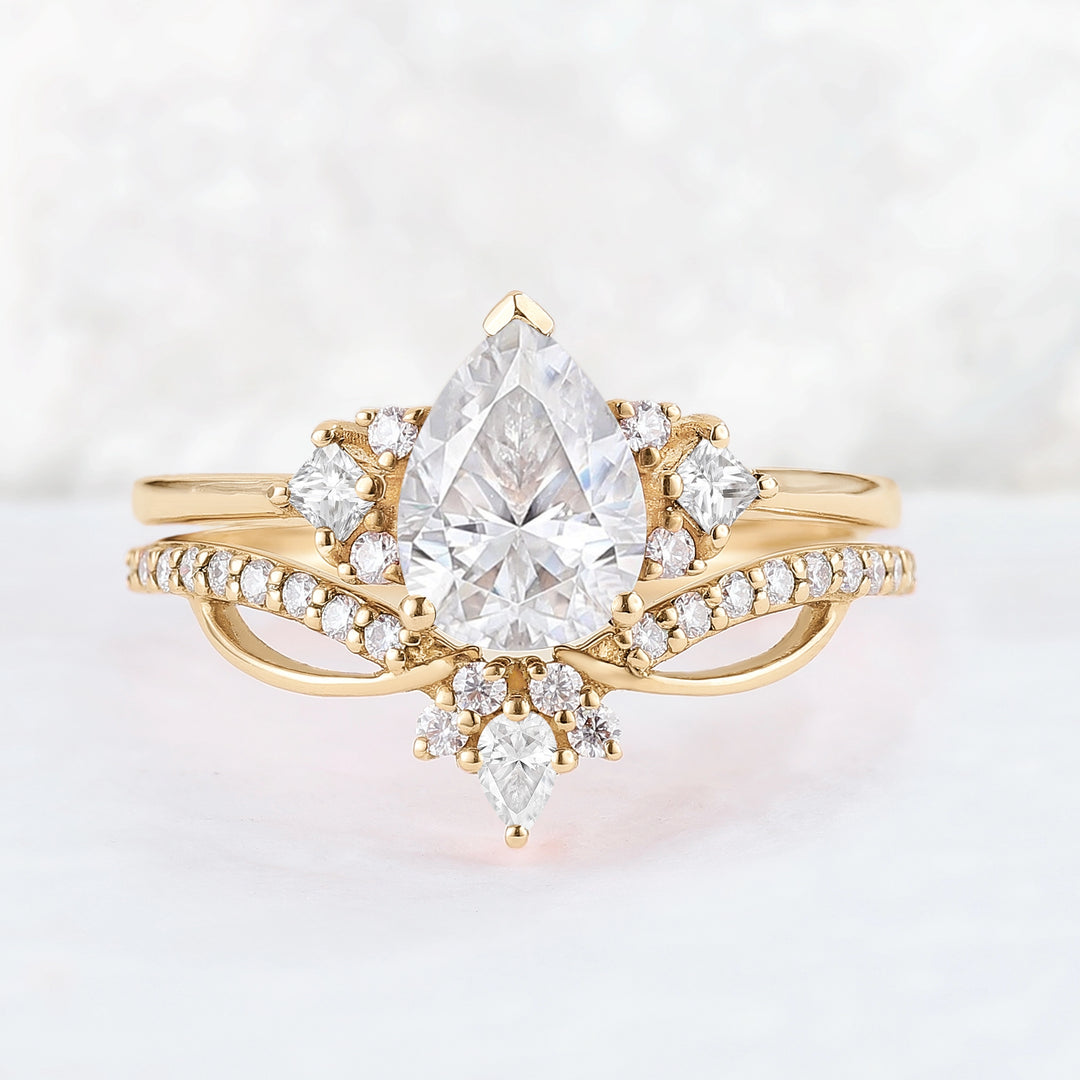 Princess Mononoke Pear Cut Moissanite Cluster Gemstone Ring Set 2pcs