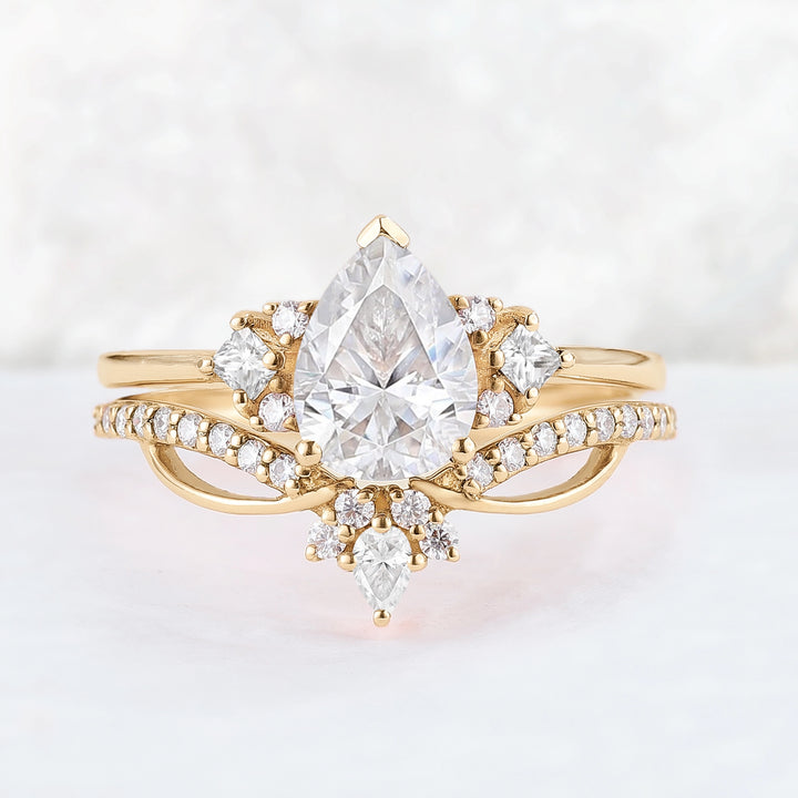 Princess Mononoke Pear Cut Moissanite Cluster Gemstone Ring Set 2pcs