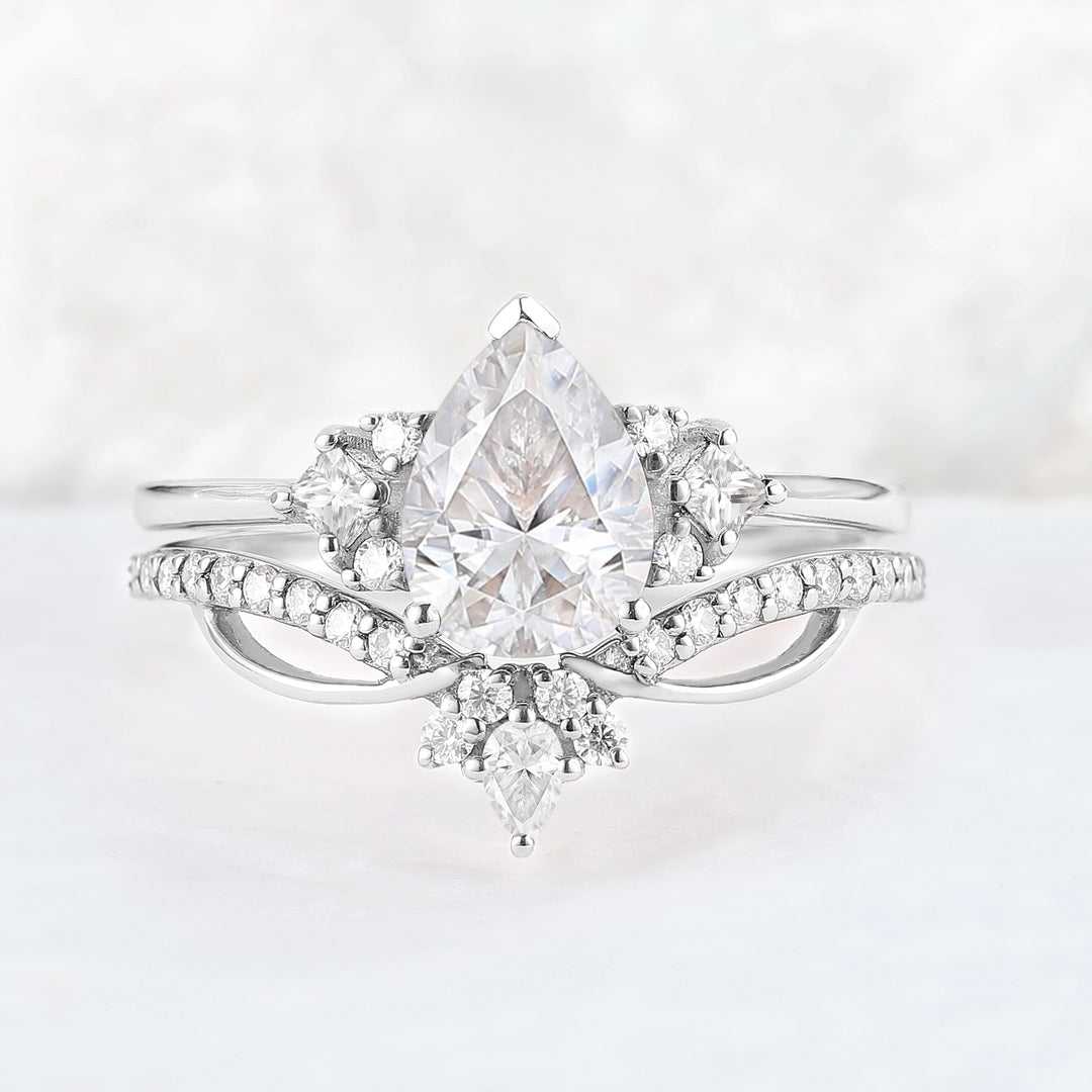 Princess Mononoke Pear Cut Moissanite Cluster Gemstone Ring Set 2pcs
