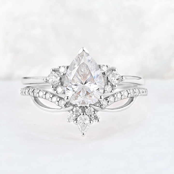 Princess Mononoke Pear Cut Moissanite Cluster Gemstone Ring Set 2pcs
