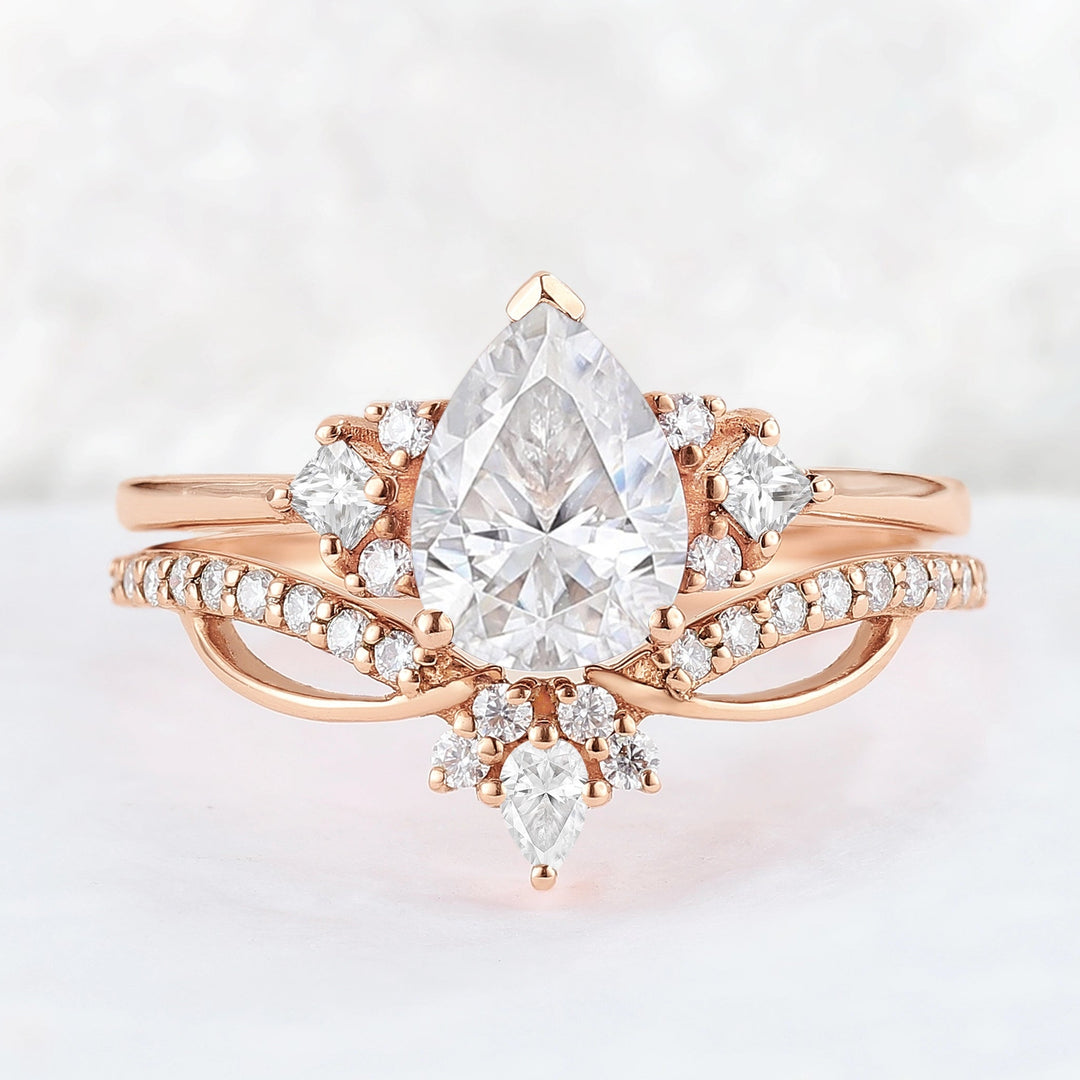 Princess Mononoke Pear Cut Moissanite Cluster Gemstone Ring Set 2pcs