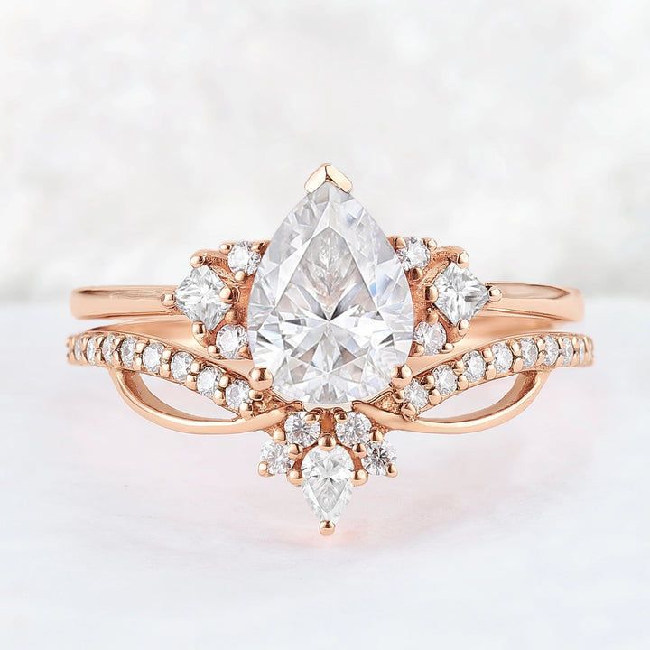 Princess Mononoke Pear Cut Moissanite Cluster Gemstone Ring Set 2pcs