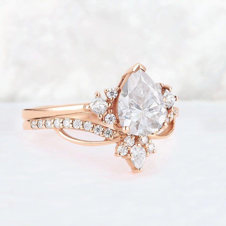 Princess Mononoke Pear Cut Moissanite Cluster Gemstone Ring Set 2pcs