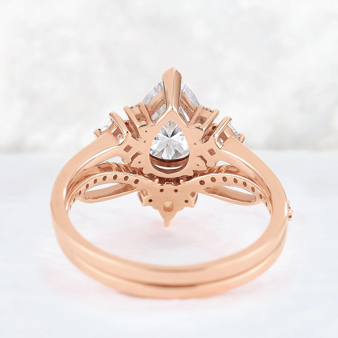 Princess Mononoke Pear Cut Moissanite Cluster Gemstone Ring Set 2pcs