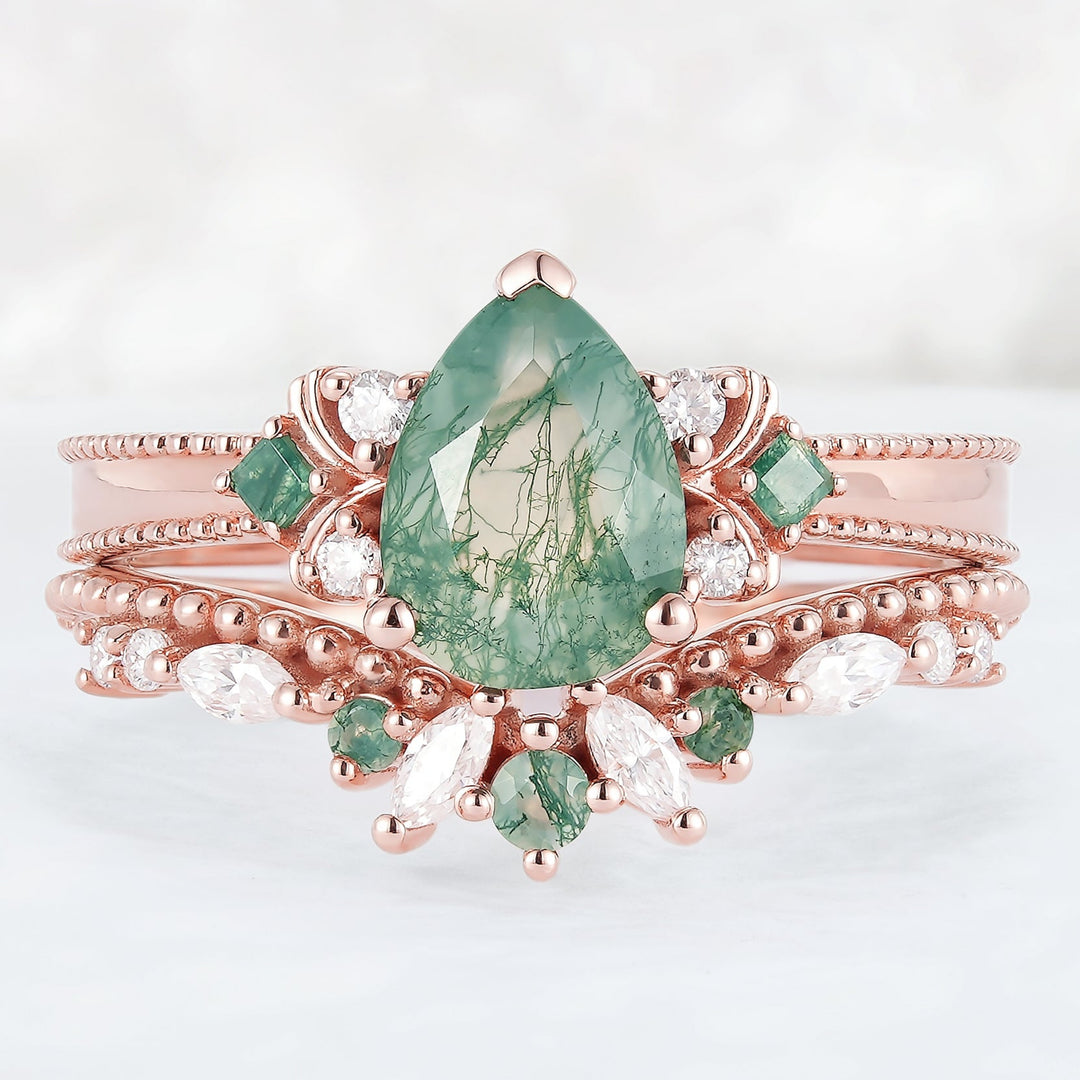 Princess Mononoke Pear Cut Moss Agate Cluster Engagement Ring Set 2pcs
