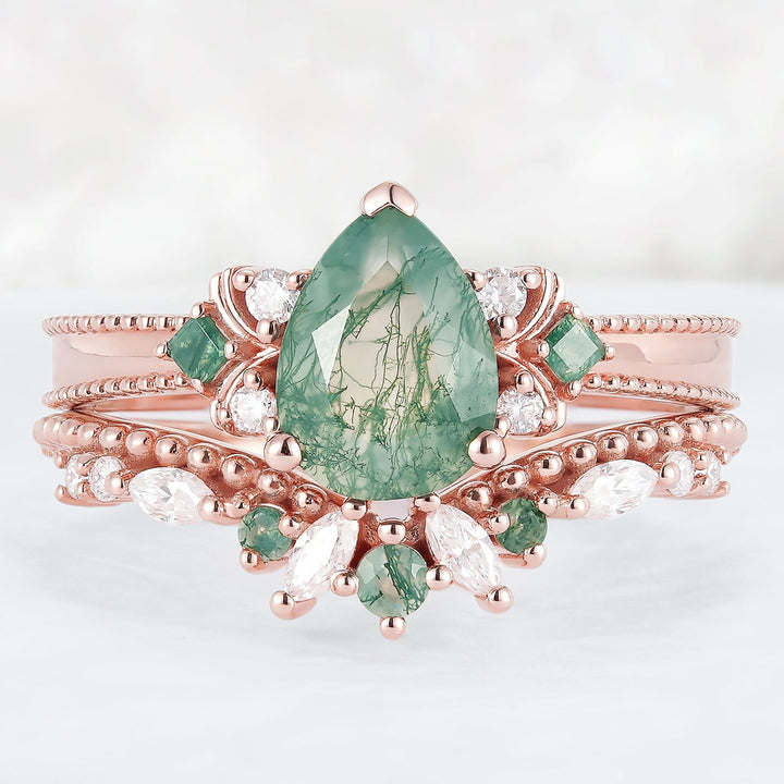 Princess Mononoke Pear Cut Moss Agate Cluster Engagement Ring Set 2pcs