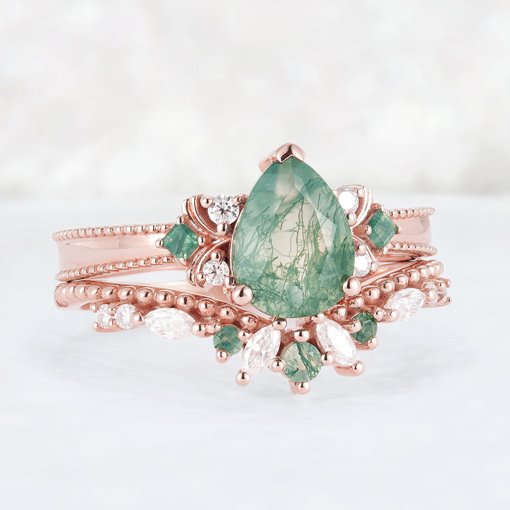 Princess Mononoke Pear Cut Moss Agate Cluster Gemstone Ring Set 2pcs - Iver Jewelry